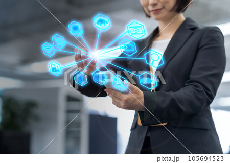 オフィスで人工知能をスマホを使って働く若い女性のビジネスマン オフィスで人工知能をスマホを使って働く若い女性のビジネスマン 105694523
