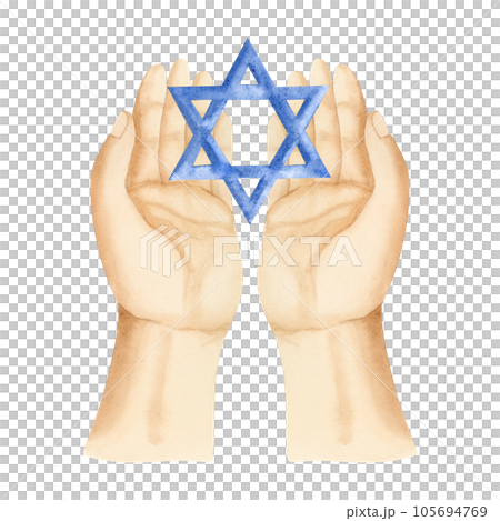 Jewish faith blue Star of David holding in hands watercolor illustration isolated on white background. Six pointed hexagram geometric figure for Judaism religious designs Jewish faith blue Star of David holding in hands watercolor illustration isolated on white background. Six pointed hexagram geometric figure for Judaism religious designs 105694769