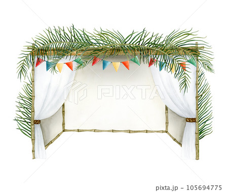 Decorated Sukkah with palm leaves on the top and festive colorful flags watercolor illustration isolated on white background for Jewish Sukkot holiday. Hand drawn succah hut Decorated Sukkah with palm leaves on the top and festive colorful flags watercolor illustration isolated on white background for Jewish Sukkot holiday. Hand drawn succah hut 105694775