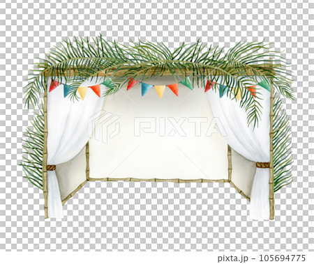 Decorated Sukkah with palm leaves on the top and festive colorful flags watercolor illustration isolated on white background for Jewish Sukkot holiday. Hand drawn succah hut Decorated Sukkah with palm leaves on the top and festive colorful flags watercolor illustration isolated on white background for Jewish Sukkot holiday. Hand drawn succah hut 105694775