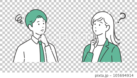 Illustration of a male and female business person thinking with a troubled expression Illustration of a male and female business person thinking with a troubled expression 105694914