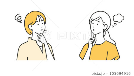 困った表情で考える働く女性・主婦のイラスト 困った表情で考える働く女性・主婦のイラスト 105694916