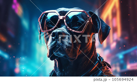 Epic Cyberpumk Dog Neon Retro Wave Style 105694924