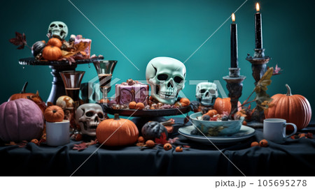 festive table decorated for halloween, selective color 105695278