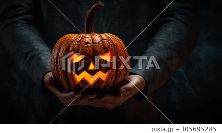 Unrecognizable man holding jack-o-lantern in hands on dark night background. Halloween concept Unrecognizable man holding jack-o-lantern in hands on dark night background. Halloween concept 105695285