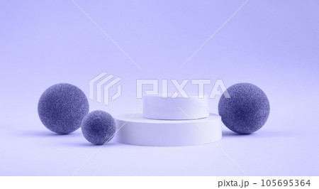 Podium for cosmetic product presentation. Abstract minimal geometrical form. Cylinder podium with green grass sphere, soft shadow. Scene to show products. Showcase, display case. Flat lay, side view 105695364