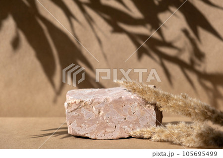 Podium with dry grass for product promotion and cosmetics display. Natural beige beauty pedestal. Background for product presentation. Cream stone podiums with shadow of leaf. Beauty product mockup Podium with dry grass for product promotion and cosmetics display. Natural beige beauty pedestal. Background for product presentation. Cream stone podiums with shadow of leaf. Beauty product mockup 105695499