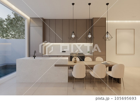 Minimal white kitchen and dining table. 3D illustration rendering Minimal white kitchen and dining table. 3D illustration rendering 105695693