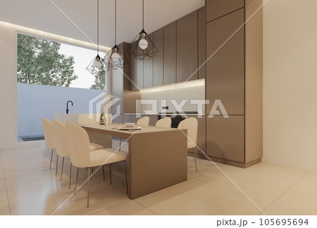 Minimal white  kitchen and dining table. 3D illustration rendering Minimal white  kitchen and dining table. 3D illustration rendering 105695694