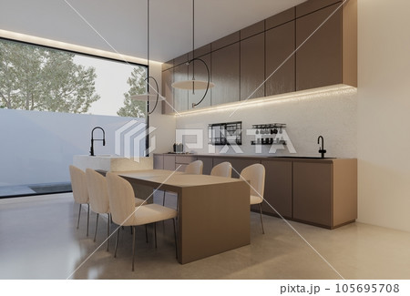 Minimal white  kitchen and dining table. 3D illustration rendering 105695708