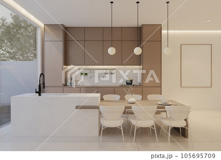 Minimal white kitchen and dining table. 3D illustration rendering Minimal white kitchen and dining table. 3D illustration rendering 105695709