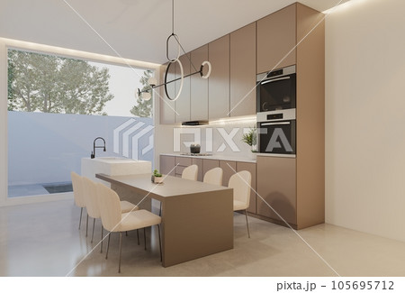 Minimal white  kitchen and dining table. 3D illustration rendering 105695712