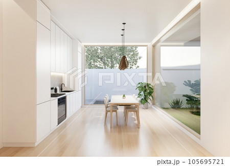 Minimal white  kitchen and dining table. 3D illustration rendering 105695721