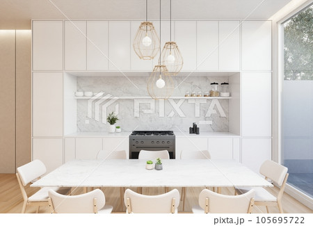 Minimal white  kitchen and dining table. 3D illustration rendering 105695722