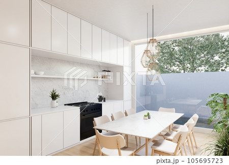 Minimal white  kitchen and dining table. 3D illustration rendering 105695723