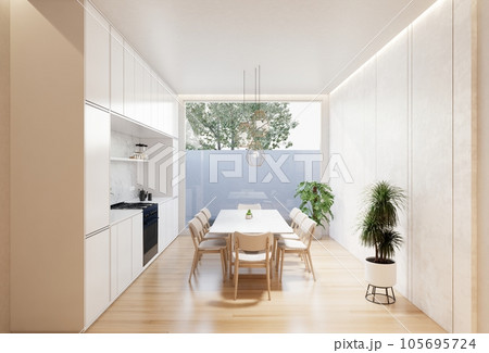 Minimal white  kitchen and dining table. 3D illustration rendering 105695724