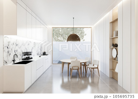 Minimal white kitchen and dining table. 3D illustration rendering Minimal white kitchen and dining table. 3D illustration rendering 105695735