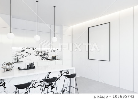 Minimal white kitchen and dining table. 3D illustration rendering Minimal white kitchen and dining table. 3D illustration rendering 105695742