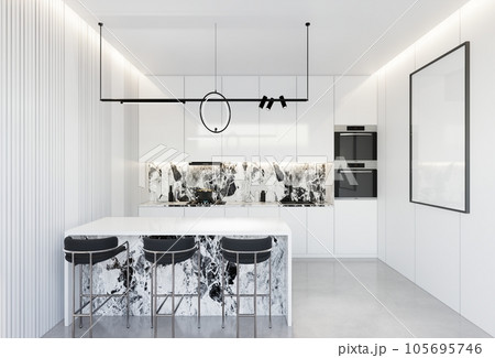 Minimal white  kitchen and dining table. 3D illustration rendering 105695746