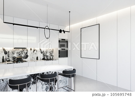 Minimal white  kitchen and dining table. 3D illustration rendering 105695748