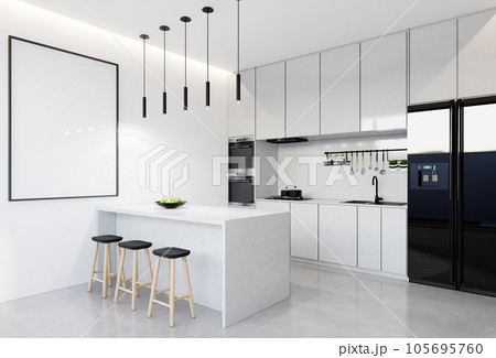 Minimal white  kitchen and dining table. 3D illustration rendering 105695760