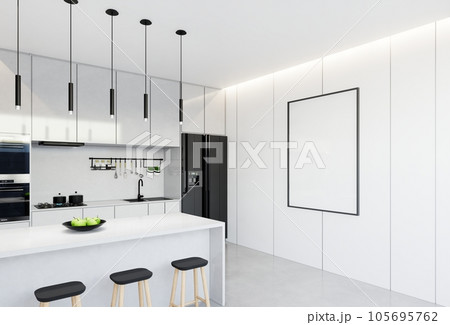 Minimal white  kitchen and dining table. 3D illustration rendering Minimal white  kitchen and dining table. 3D illustration rendering 105695762