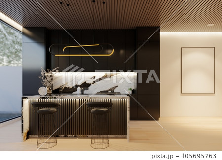 Minimal white  kitchen and dining table. 3D illustration rendering Minimal white  kitchen and dining table. 3D illustration rendering 105695763
