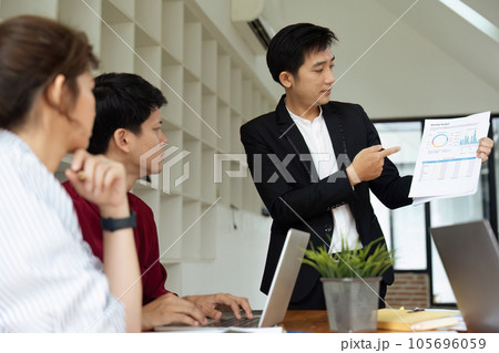 A group of business people partners during a set team meeting with leader brainstorming presentation training in the modern office A group of business people partners during a set team meeting with leader brainstorming presentation training in the modern office 105696059