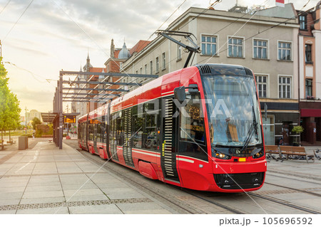 Modern tram in the center of Katowice 105696592