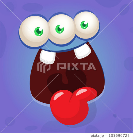 Funny cartoon monster character face expression showing long tongue. Illustration of cute and happy alien creature. Halloween design. 105696722