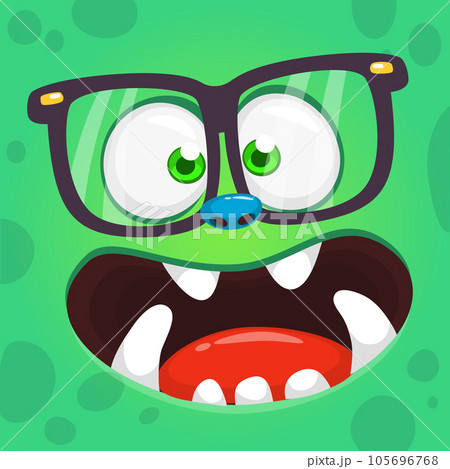 Funny cartoon monster character face expression wearing eyeglasses. Illustration of cute and happy alien creature. Halloween design 105696768
