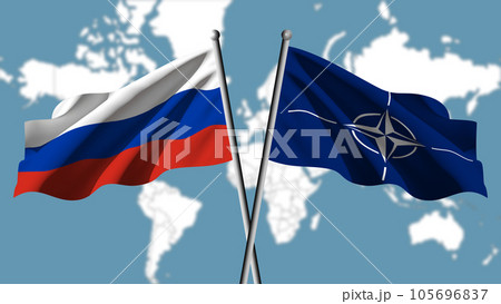 Russian flag and Nato flag waving. In the background the blurred world map Russian flag and Nato flag waving. In the background the blurred world map 105696837