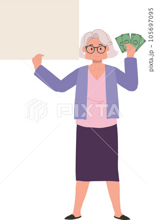 Financial Concept. Full Length Senior Lady Illustration with Money Fan and Signboard. 105697095
