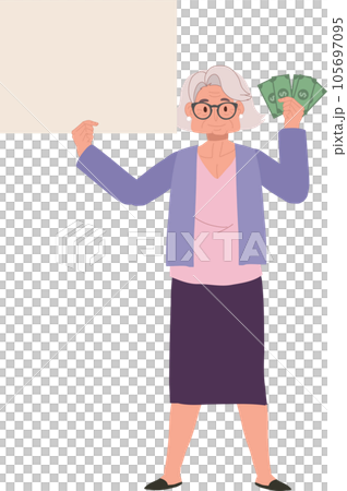Financial Concept. Full Length Senior Lady Illustration with Money Fan and Signboard. Financial Concept. Full Length Senior Lady Illustration with Money Fan and Signboard. 105697095