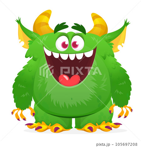 Funny cartoon furry monster character. Illustration of cute and happy mythical alien 105697208