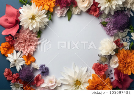 Colorful flowers background with white sheet of paper. Frame in flowers. Mockup. Generative AI 105697482