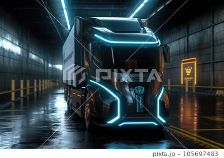 Electric truck in a futuristic environment. Truck with neon lights. Generative AI Electric truck in a futuristic environment. Truck with neon lights. Generative AI 105697483