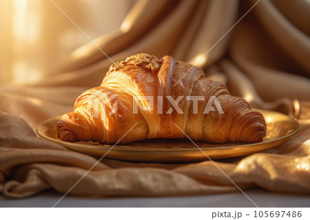 Croissant in soft golden light with elegant presentation with napkin on background. Generative AI Croissant in soft golden light with elegant presentation with napkin on background. Generative AI 105697486