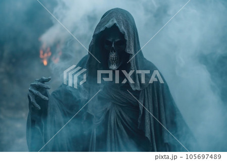 Grim reaper emerging from smoke. Horror and Halloween concept. Generative AI Grim reaper emerging from smoke. Horror and Halloween concept. Generative AI 105697489