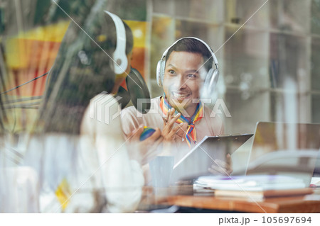 Podcaster is interviewing a guest about the content topic of LGBTQIA. Podcast concept Podcaster is interviewing a guest about the content topic of LGBTQIA. Podcast concept 105697694
