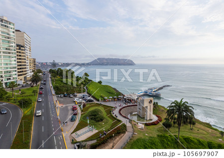 Aerial view of the Villena Rey Bridge in Miraflores. 105697907