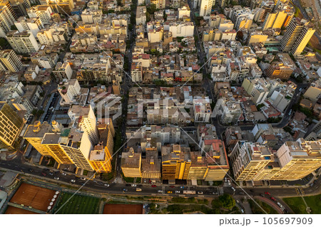 Aerial view of Miraflores and its boardwalk in Lima. 105697909