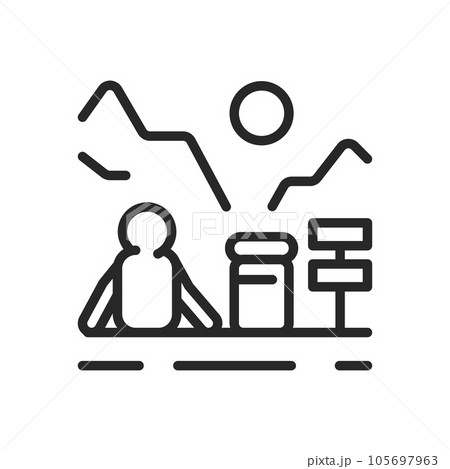 Mountain Hiking Icon. Vector Outline Editable Sign of Climber Enjoying Scenic View from High Summit. Linear Minimal Illustration. 105697963