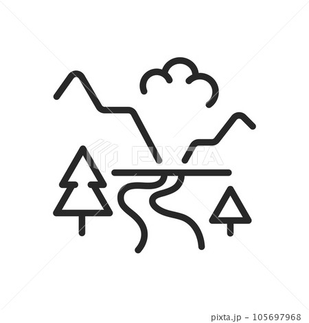 Nature Trail Icon. Vector Outline Editable Sign of Beautiful Trail in the Wilderness with Scenic View of Mountains and Forests. Linear minimal Illustration. 105697968