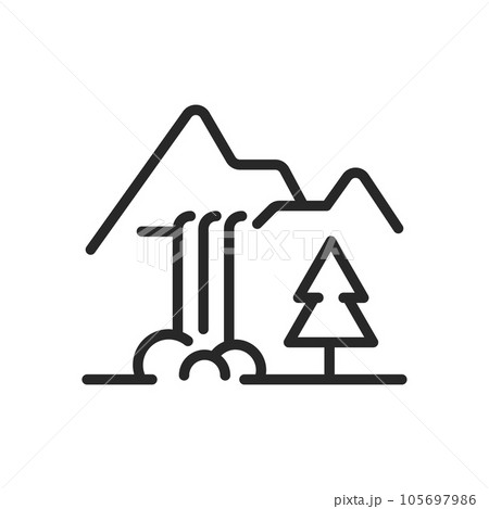 Waterfall Icon. Vector Outline Editable Sign of Travel Nature Landscape with Cascading Water and Outdoor Wilderness. Linear Minimal Illustration. 105697986