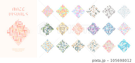 Puzzle Maze Visual Elements Set. Abstract Geometric Patterns Collection in Retro Colors. Aesthetic Lines, Stripes, Labyrinths, and Mosaic Colorful Shapes. Puzzle Maze Visual Elements Set. Abstract Geometric Patterns Collection in Retro Colors. Aesthetic Lines, Stripes, Labyrinths, and Mosaic Colorful Shapes. 105698012