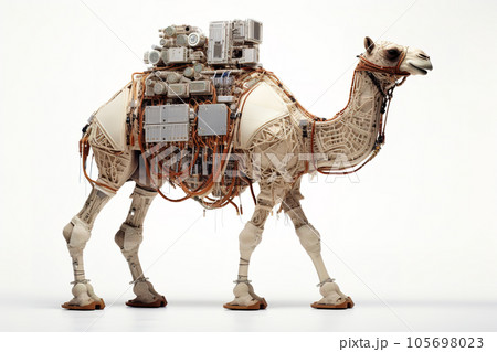 A camel made of electronic machinery on a white background. Wildlife Animals. illustration. Generative AI. A camel made of electronic machinery on a white background. Wildlife Animals. illustration. Generative AI. 105698023