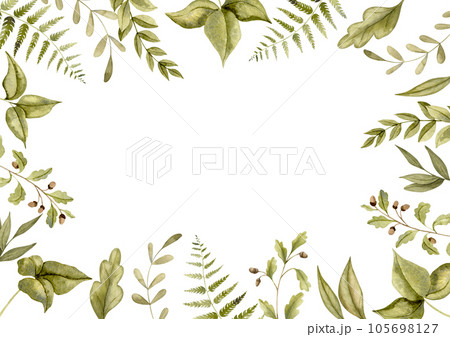Woodland rectangular Frame. Hand drawn watercolor illustration with template for baby shower greeting cards or wedding invitations on isolated background. Border with forest leaves and branches. Woodland rectangular Frame. Hand drawn watercolor illustration with template for baby shower greeting cards or wedding invitations on isolated background. Border with forest leaves and branches. 105698127
