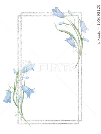 Frame with Bluebell Flowers. Hand drawn watercolor illustration with blue bell on isolated background. Floral Template for greeting cards or wedding invitations. Botanical Border with wild campanula. 105698129