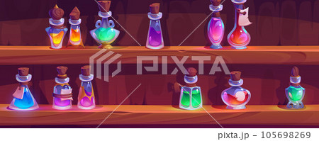 Magic bottle with potion on lab shelf game vector 105698269